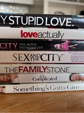 Stack of Romantic Comedy DVD Movies - White, Black, Red Spine Design